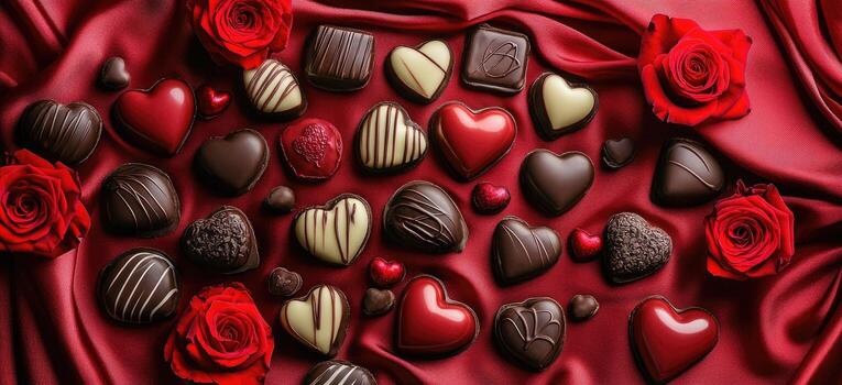 heart shaped chocolates and red roses creating romantic atmosphere for valentine s day photo